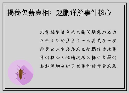 揭秘欠薪真相：赵鹏详解事件核心