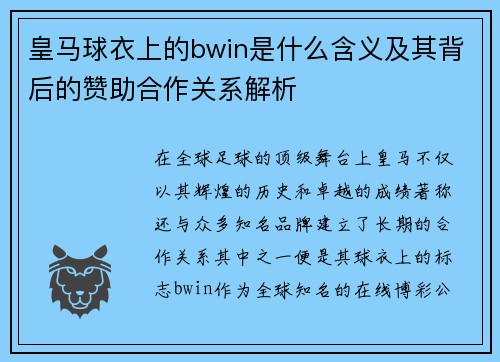 皇马球衣上的bwin是什么含义及其背后的赞助合作关系解析